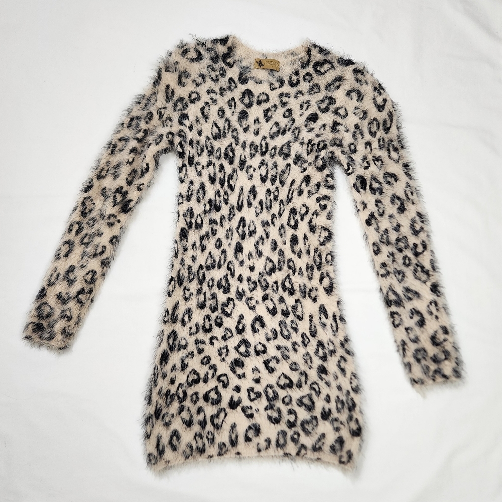 Katsumi Whispy Soft Feather Like Knit Mini Dress Longsleeve Leopard Print Warm